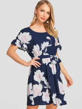 Wholesale Navy Round Neck Short Sleeve Floral Print Self-Tie Dresses