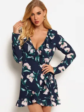 Wholesale Navy V-Neck Long Sleeve Floral Print Self-Tie Wrap Dresses