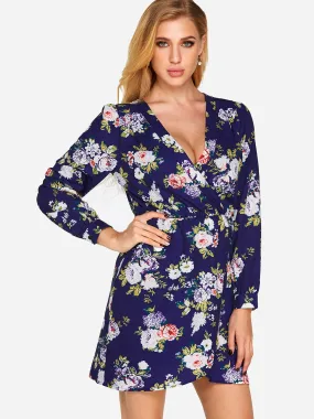 Wholesale Navy V-Neck Long Sleeve Floral Print Wrap Irregular Hem Dresses