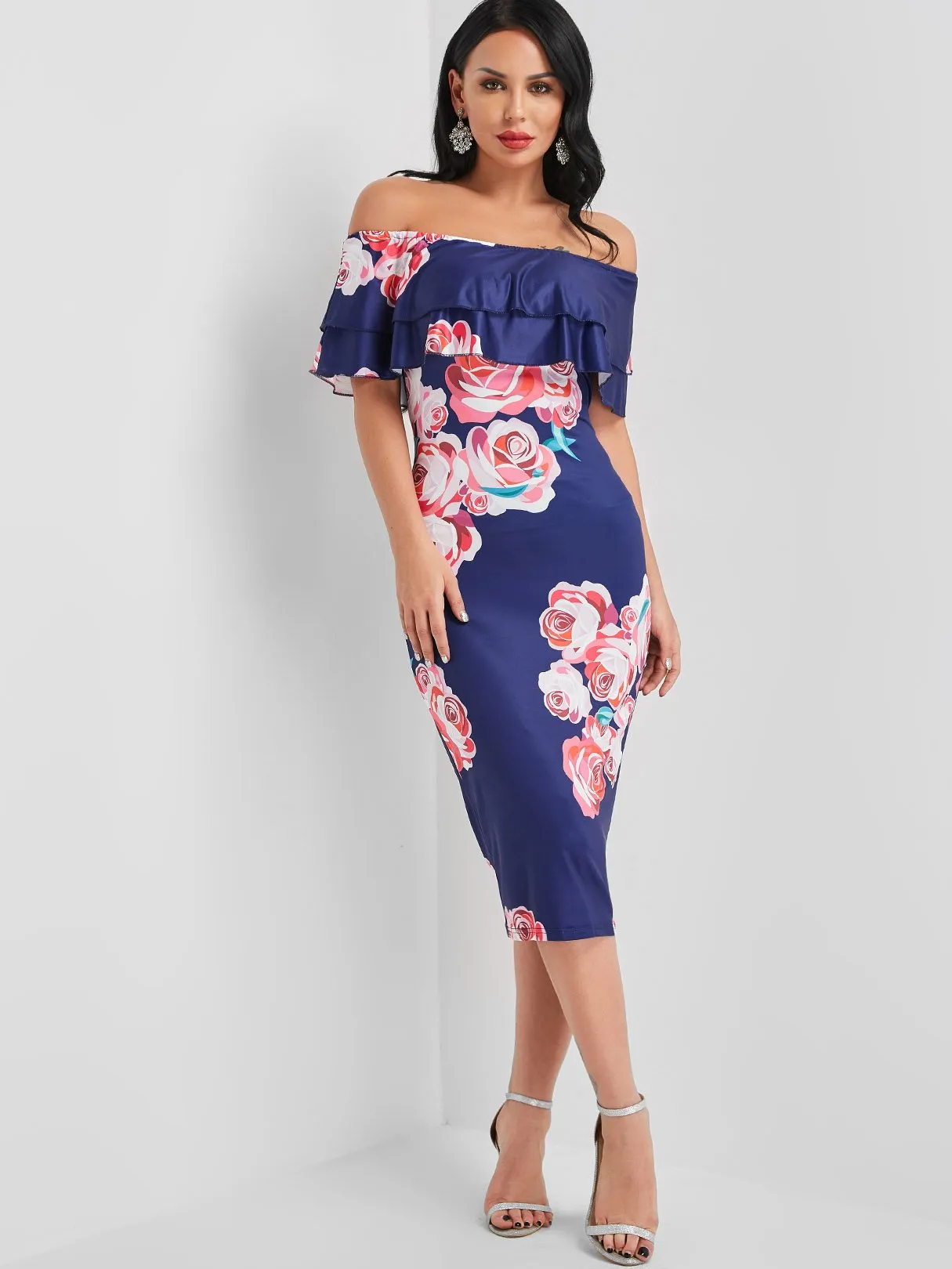 Wholesale Off The Shoulder Sleeveless Floral Print Backless Dresses