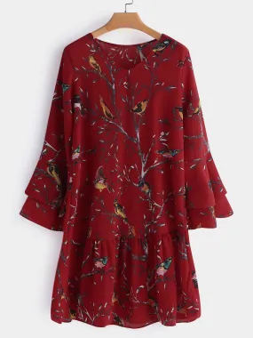 Wholesale Red V-Neck Long Sleeve Floral Print Dresses